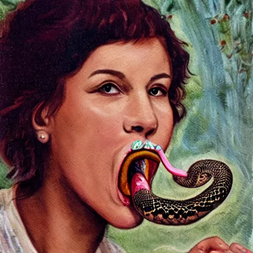 Prompt: a woman with a snake in her mouth