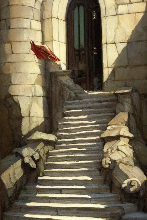 Image similar to stone steps fantasy landscape artstation by emilia dziubak, will terry, greg olsen, chris mars, ann long, and mark brooks, edward hopper dramatic, fairytale, art nouveau, victorian, gothic, final fantasy architecture