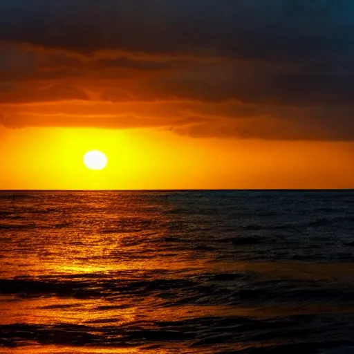 Prompt: sunset on the ocean, black sky, sky is black, sun setting in a dark sky, water is golden, gold ocean, sunset with dark sky and gold water