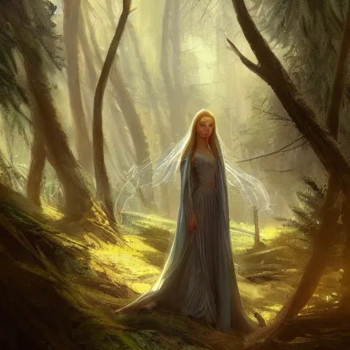 Prompt: A beautiful picture of galadriel in a forest by greg rutkowski and Kalin Popov, trending on artstation