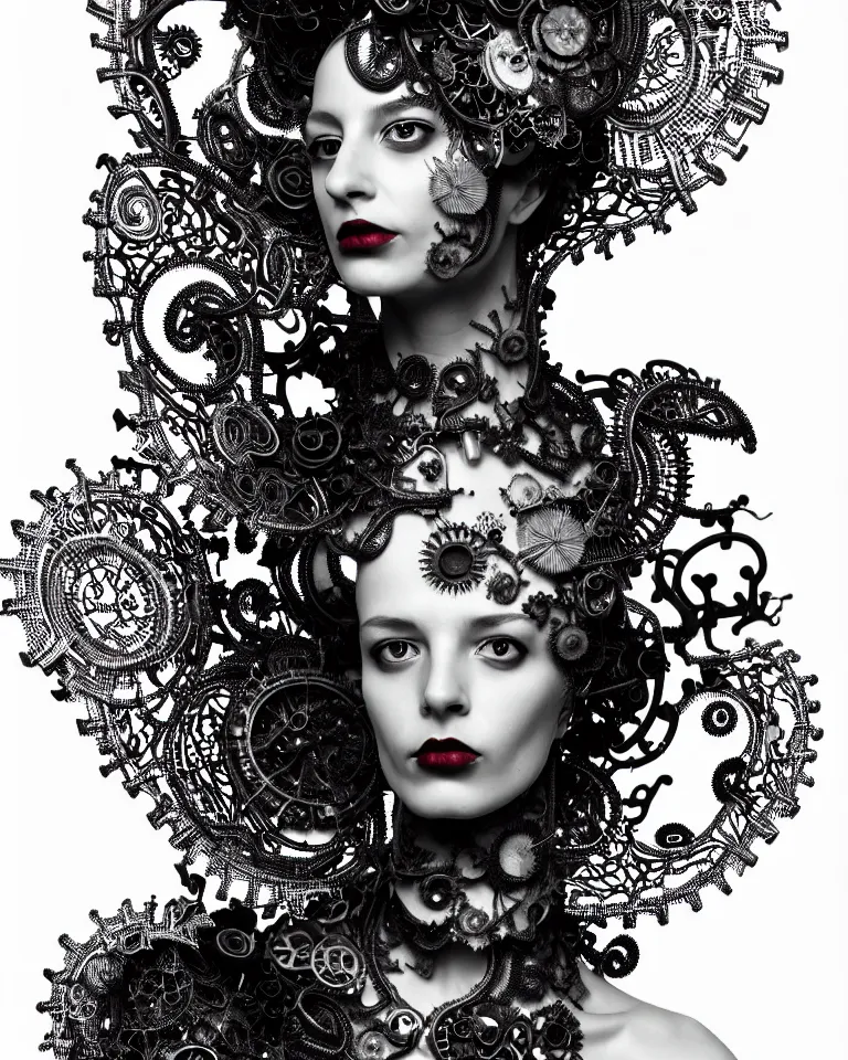 Prompt: surreal black and white photo portrait of complex bio-mechanical beautiful young female vegetal-cyborg with a Mandelbrot fractal metal fine lace face, curled silver hair, bright red lips, 150 mm lens, soft rim light, fine metal floral foliage super big lace collar by Alexander McQueen, high fashion, haute couture, rococo, steampunk, silver filigree details, anatomical, facial muscles, cable wires, microchip, elegant, hyper realistic, octane render, unreal engine, in the style Dora Maar, volumetric lighting, 8k, radiant energy aura, retrofuturistic depressing hopeless vibe