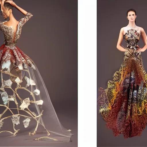 Image similar to exclusive evening dress made of bronze transparent fabric fantasy with colored flower petals made of fabric. intricate asymmetrical patterns. an elegant hat. hyperrealistic photos, clear details.