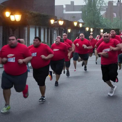 Image similar to a horde of obese men running towards a light in the darkness.