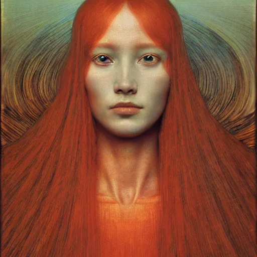 Image similar to Woman masterpiece, red, golden halo behind her head, by Edgar Maxence and Ross Tran, Zdzisław Beksiński, and Michael Whelan, distant, gustav dore, H.R. Giger, 8k, octane render