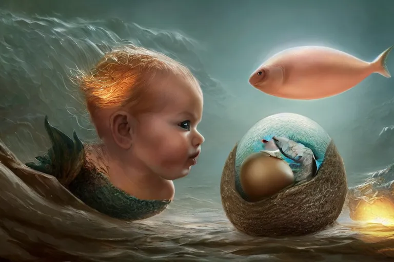 Image similar to a baby mermaid hatching out of a egg, matte painting, concept art, digital art, trending on artstation, 4 k, extremely detailed, realistic, fantasy art,