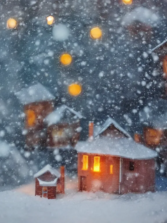 Prompt: snow globe diorama of tiny soviet residential building, lights are on in the windows, cozy atmosphere, fog, cold winter, snowing, streetlamps with orange volumetric light, birches