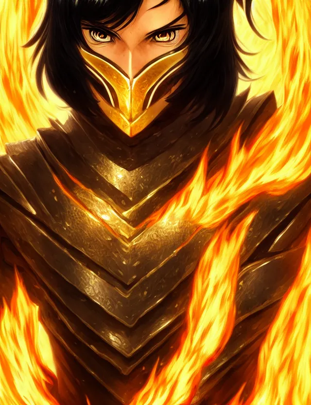 Image similar to a detailed manga portrait of a black haired man with hazel eyes in gleaming golden armour that burns with golden fire, trending on artstation, digital art, 4 k resolution, detailed, high quality, sharp focus, hq artwork, coherent, insane detail, character portrait