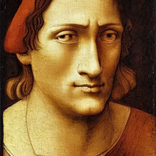 Prompt: Portrait of a medieval nobleman, tan skin and brown hair, clean shaven, big nosed with many scars. by leonardo da vinci