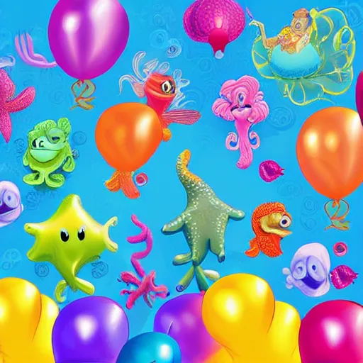 Prompt: balloon animals, under the sea, little mermaid magical kingdom, digital art