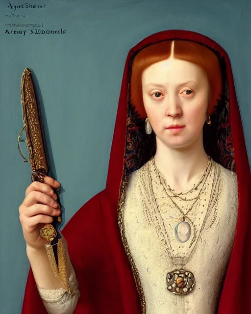 Prompt: “ a portrait of a tudor noblewoman holding a dagger by andrey shishkin, digital art, highly detailed, artstation hd ”