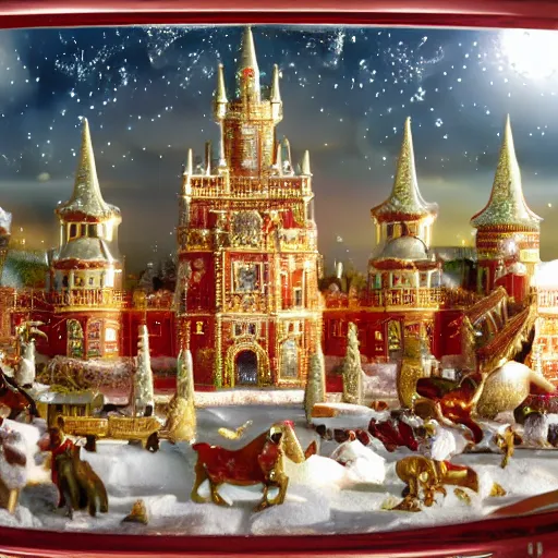Prompt: in a snowglobe is a golden and red rocococastle with unicorns and snow falling, rainbow colored, sparkels, insanely detailed, 8 k, 3 d, masterpiece