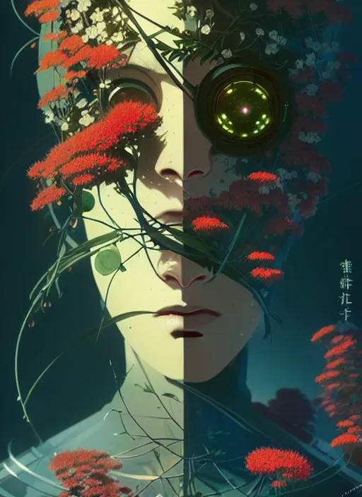 Image similar to illustrated by satoshi kon and greg rutkowski, a cyborg face in some plants with flowers and berries for a face, 6 0's retro sci - fi flat surreal design