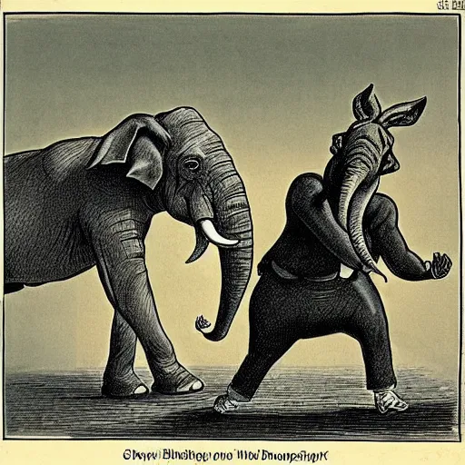 Image similar to a political cartoon of an elephant aggressively berating a donkey.