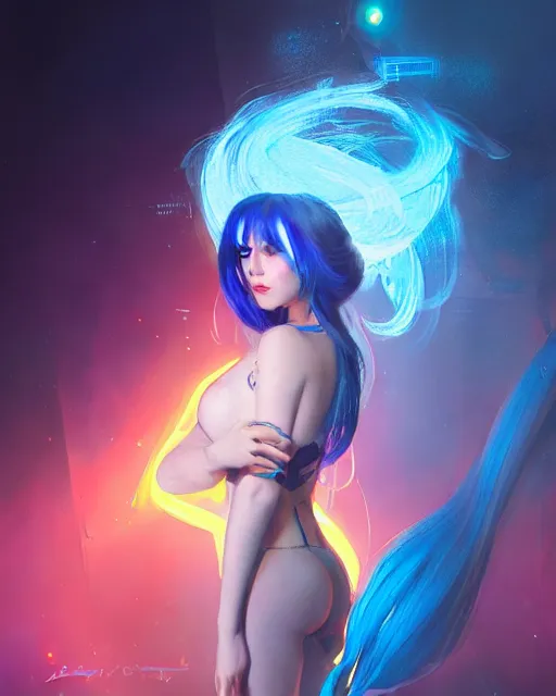 Image similar to stunningly beautiful female blue hair, dj girl, in a club, laser lights background, sharp focus, digital painting, 8 k, concept art, art by wlop, artgerm, greg rutkowski and alphonse mucha