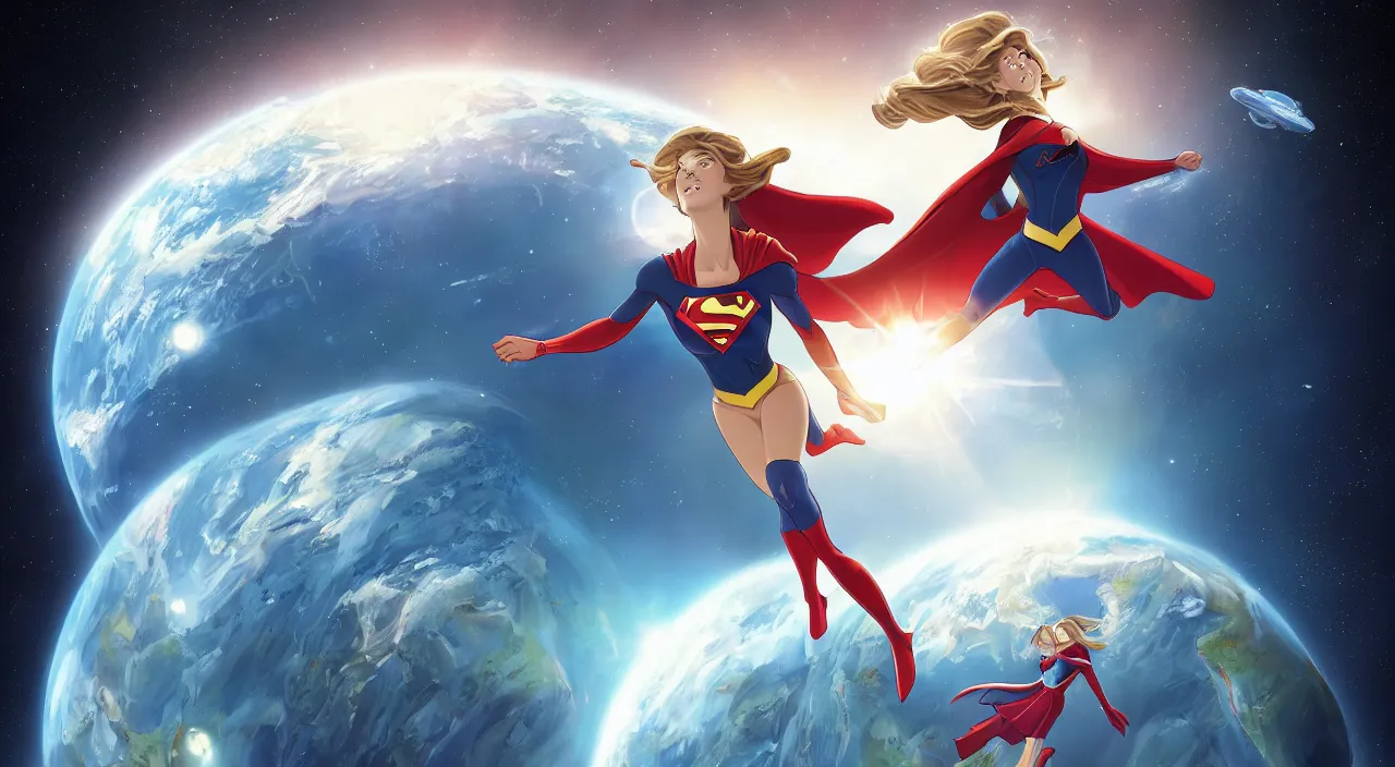 Image similar to A beautiful ultradetailed cartoon of Supergirl hovering in outer space looking at the Earth, 4k, Raphael Lacoste, by Rossdraws and Bluesssatan and Mandy Jurgens and Stjepan Sejic, Legend of Korra, Supergirl, fanart, trending on artstation, highly detailed, soft lighting 8k resolution, dramatic lighting, unreal engine 5, Pinterest, Melissa Benoist, DC Super Hero Girls