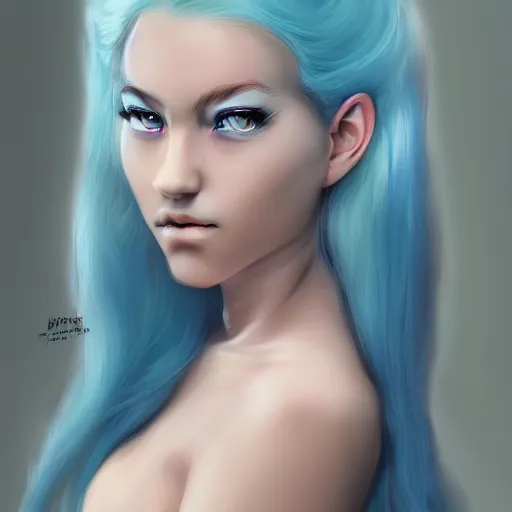 Prompt: The dragon girl portrait, portrait of young girl half dragon half human, dragon girl, dragon skin, dragon eyes, dragon crown, blue hair, long hair, highly detailed, cinematic lighting, by Luis Buñuel