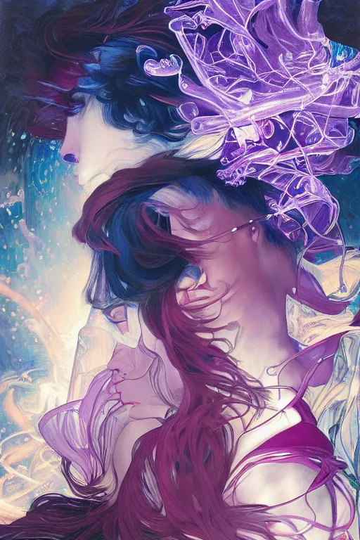 Prompt: she dreams of arcs of purple flame intertwined with glowing sparks, glinting particles of ice, dramatic lighting, steampunk, secret holographic cyphers, red flowers, bright neon solar flares, high contrast, smooth, sharp focus, art nouveau, painting by Caravaggio and Ayami Kojima and ruan jia and greg rutkowski and Alphonse Mucha