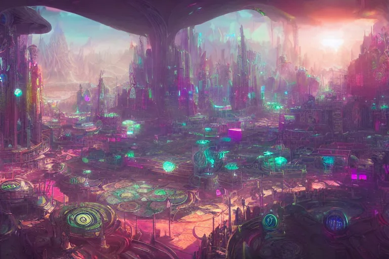 Prompt: a psychedelic city at the edge of existence where intensely creative astral beings live, in the style of wlop, illustration, epic, fantasy, hyper detailed, smooth, unreal engine, sharp focus, ray tracing