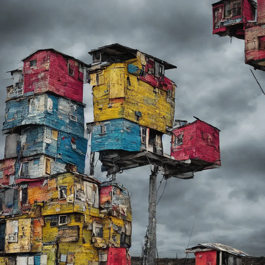 Image similar to close - up view of a tower made up of colourful makeshift squatter shacks, bleached colours, moody cloudy sky, dystopia, mamiya, very detailed, photographed by cristina de middel