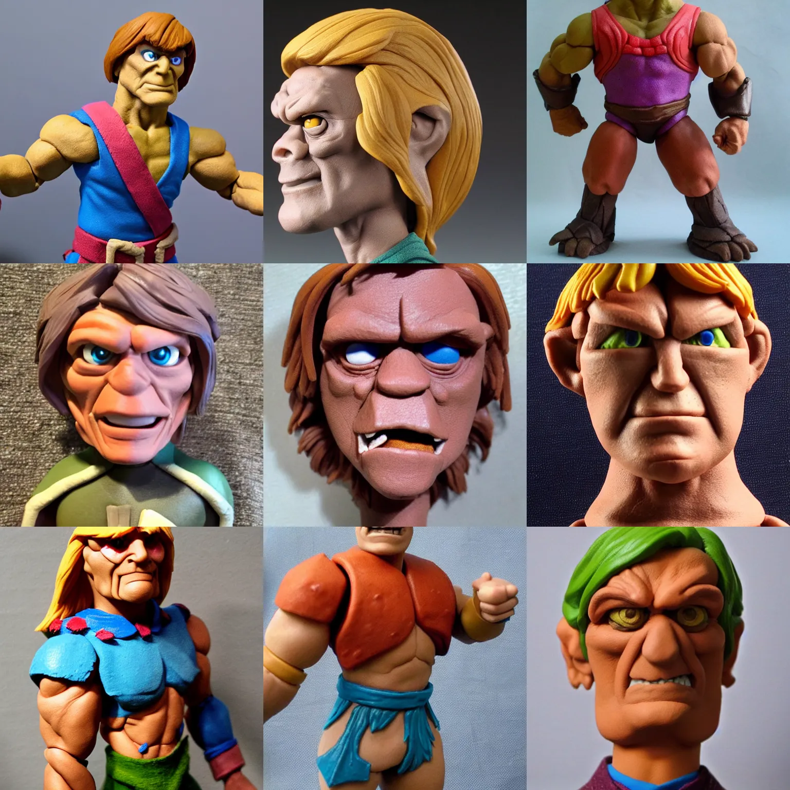 Prompt: real he-man masters of the universe!! clay! close detailed sculpted head , style: claymation puppet kids clay , by guldies