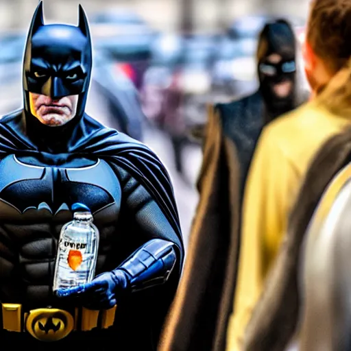 Image similar to batman waiting in line at the dmv holding a bottle of vodka. 4 k paparazzi photo