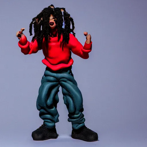 Image similar to a cinematic photograph still of trippie redd made out of clay, in claymation