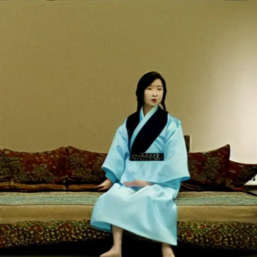 Prompt: Choi Eun-hee in a hanbok sitting on a couch, a starfish monster's arm coming through the window, minimal cinematography by Akira Kurosawa, movie filmstill, film noir, thriller by Kim Jong-il and Shin Sang-ok, abstract occult epic composition