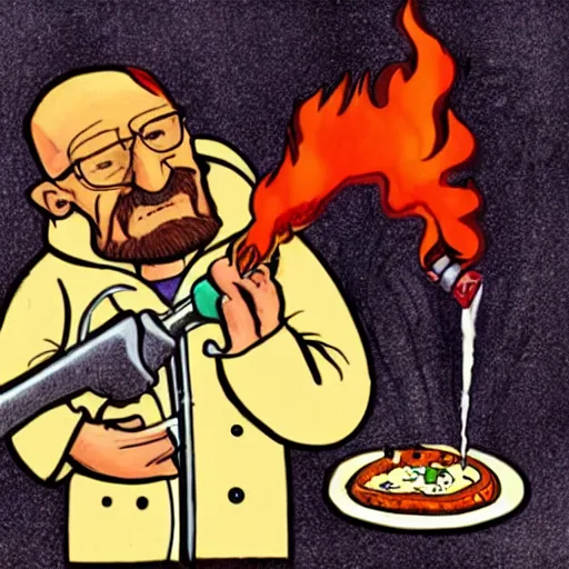 Image similar to drawing of walter white cooking pizza with a blowtorch by bill watterson