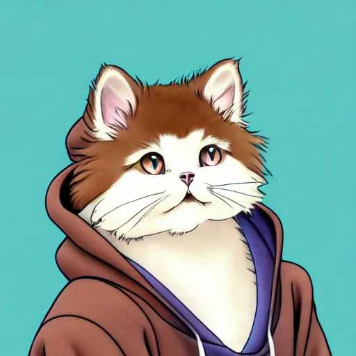 Image similar to teen boy with brown hair and big blue eyes, wearing a hoodie, fluffy white persian cat, natural lighting, path traced, highly detailed, high quality, cartoon, digital painting, by don bluth and ross tran and studio ghibli and alphonse mucha, watercolor