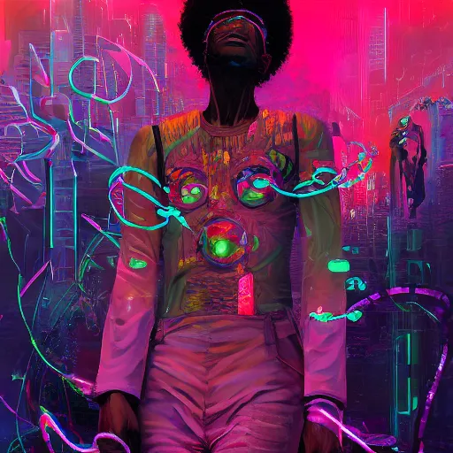 Image similar to afro - cyberpunk deities unseen amongst their creations, a society manifesting dreams with cosmic ancestral magic in a post - modern techno world | hyperrealistic oil painting | by makoto shinkai, ilya kuvshinov, lois van baarle, rossdraws, basquiat | afrofuturism, in the style of surrealism, trending on artstation | dark color scheme