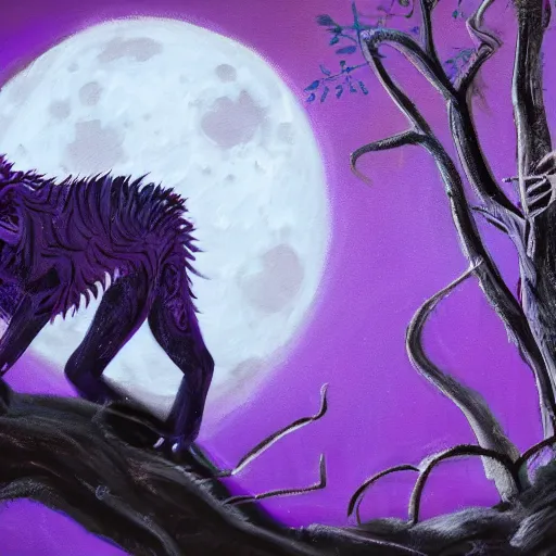 Prompt: closeup of a purple panther roaring at the moon in the forest. night. large moon in the center. detailed eyes. sharp teeth. cinematic. painting. concept art. rustic. gritty.