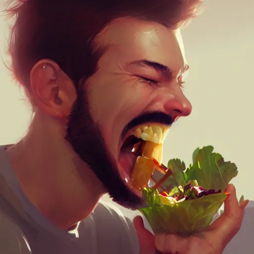 Image similar to an illustration of a young man eating salad and laughing,hyperdetailed,detailed face,art by greg rutkowski,trevor henderson,artstation,deviantart