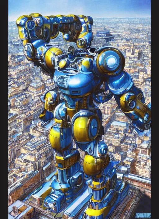 Image similar to realistic physically based rendering of a giant mechanical robot at the eiffel tower by jack kirby and simon bisley, epic, awesome trendy color palette, cinematic