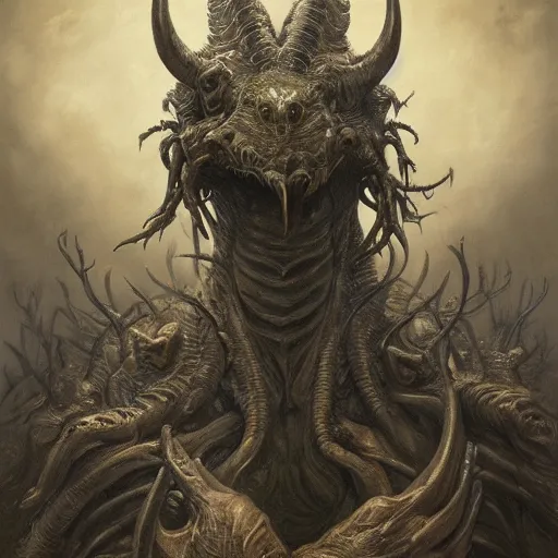 Image similar to a masterpiece! full body photographic portrait of an alien beast!! with seven heads!! and ten horns!! on a city street by gustave dore and sam spratt and allen williams, trending on artstation, cgsociety, 8 k hd, earthtone colors,