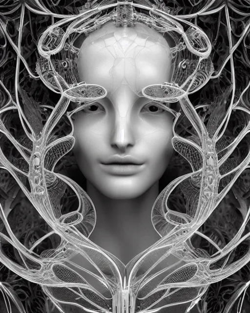 Image similar to mythical dreamy black and white organic bio - mechanical spinal ribbed profile face portrait detail of translucent steampunk beautiful female angelic - human - queen - vegetal - cyborg, highly detailed, intricate crystal ivy jelly ornate, poetic, translucent roses ornate, 3 d render, digital art, octane render, 8 k artistic photography, photo - realistic, by dora maar