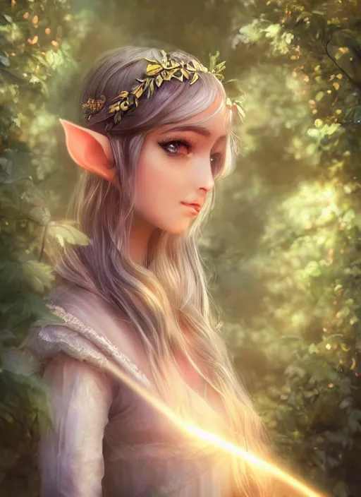 Image similar to beatiful elf princess in an enchanted forest, 3/4 side view, hair jewellery, fully clothed, light mist, light rays sieving through the trees, shallow depth of field, coherent composition, by Yuumei, by Artgerm