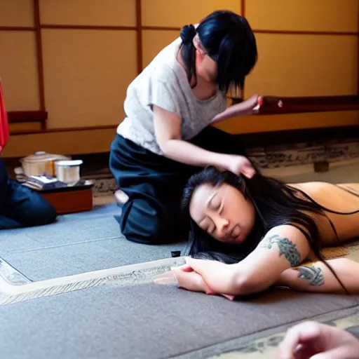 Prompt: woman getting tattoo traditional japanese on floor with old man tattooing photorealistic high detail