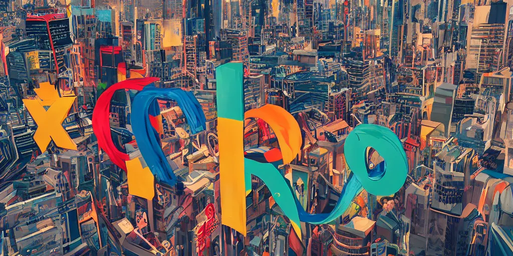 Prompt: an epic comic book style painting of the uppercase letter x towering over the world, the letter x, giant font, lettering, future tokyo cityscape with ribbons, colorful banners and ribbons, masterpiece, octane render, extreme details, trending on artstation, dynamic lighting