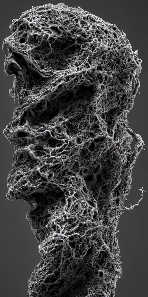 Image similar to a photorealistic render of a topographic sculpture made of melted metal and bioluminescent beings on a black background, c 4 d, by zhelong xu ouchh studio and ernst haeckel, wide angle, hyper realistic, plain black background, 8 k, volumetric lightning, octane render