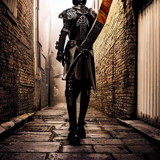 Image similar to knight holding a sword standing in an old london alley, ominous, chilly dark mood, very sharp image, hyper realistic, symmetrical, 4 k, highly ornate intricate details,