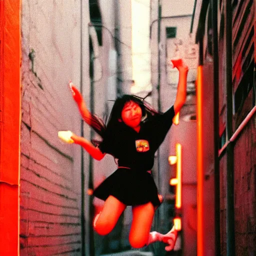 Image similar to 1990s perfect 8K HD professional cinematic photo of close-up japanese schoolgirl jumping in dystopian alleyway with neon signs, at evening during rain, at instagram, Behance, Adobe Lightroom, with instagram filters, depth of field, taken with polaroid kodak portra