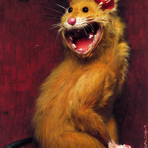 Image similar to furry splinter ninja rat wearing a red kimono hairy furry body furry arms feet. highly detailed painting by gaston bussiere craig mullins jc leyendecker gustav klimt artgerm greg rutkowski