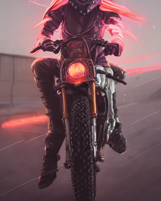 Prompt: blonde female rouge assassin riding a dirt bike, wearing cyberpunk intricate streetwear, respirator, beautiful, detailed portrait, cell shaded, 4 k, vivid colours, concept art, by wlop, ilya kuvshinov, artgerm, krenz cushart, greg rutkowski, pixiv. cinematic dramatic atmosphere, sharp focus, volumetric lighting, cinematic lighting, studio quality