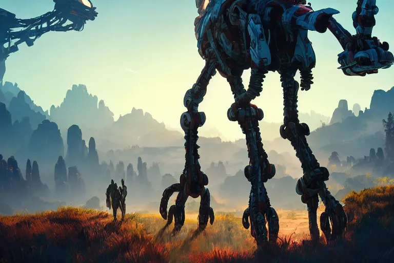 Image similar to tallneck machine mecanical creature robot of horizon forbidden west horizon zero dawn radiating a glowing aura global illumination ray tracing hdr fanart arstation by ian pesty and alena aenami artworks in 4 k