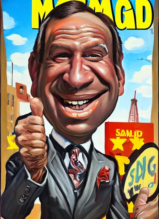 Image similar to mad magazine cover, norman mingo painting, saul goodman smiling, thumbs up, exaggerated proportions, caricature, painterly, visible brush strokes, vintage