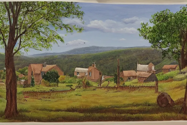 Prompt: painting of a wide shot of a rural countryside village in the style of carl valente