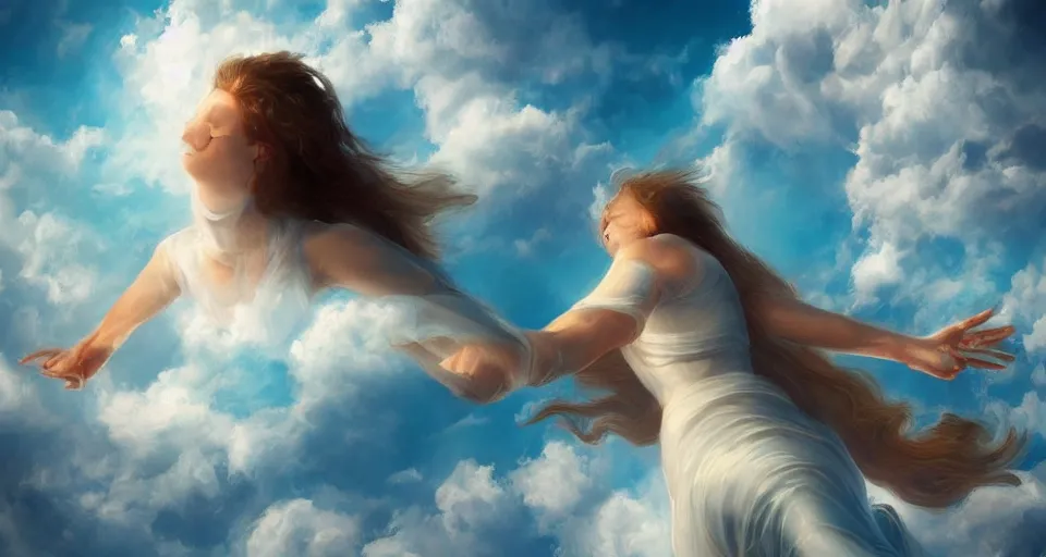 Image similar to heaven and angels!! floating!! on clouds, trending on artstation, 8 k