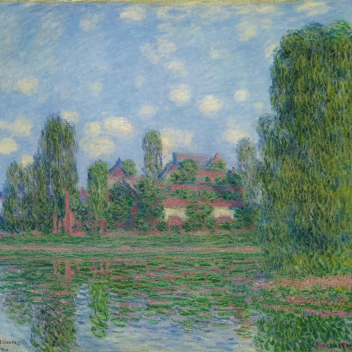 Image similar to a building in a serene landscape, by claude monet