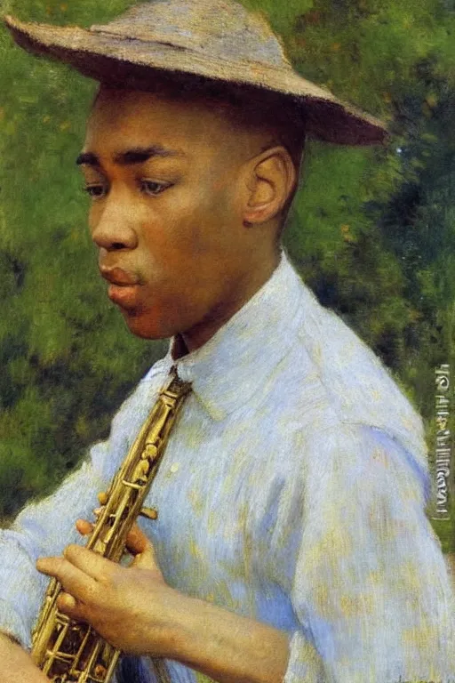 Image similar to charlie parker playing, colorful painting, by jules bastien - lepage, nikolay makovsky, 1 / 4 - headshot