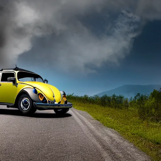 Image similar to promotional scifi - blockbuster movie scene of an insect - ladybug'glossy volkswagen beetle'hybrid, flying down a dusty backroad in smokey mountains tennessee. the hybrid is 2 / 3 ladybug. cinematic, muted dramtic color, 4 k, imax, 7 0 mm, hdr